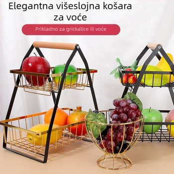 Višeslojna košara za voće u obliku V s odvojivim metalnim okvirom i drvenom ručkom – kuhinjski stolni držač od ugljičnog čelika