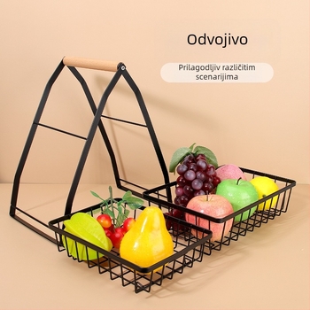 Višeslojna košara za voće u obliku V s odvojivim metalnim okvirom i drvenom ručkom – kuhinjski stolni držač od ugljičnog čelika
