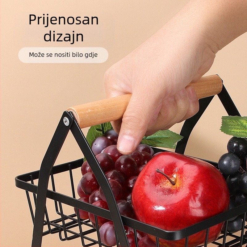 Višeslojna košara za voće u obliku V s odvojivim metalnim okvirom i drvenom ručkom – kuhinjski stolni držač od ugljičnog čelika