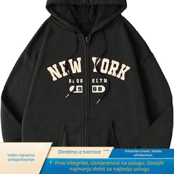 Duks s kapuljačom i zatvaračem, otisak s brojkama i slovima, slobodan kroj, japansko-korejski ležerni stil, poliester 70–80%