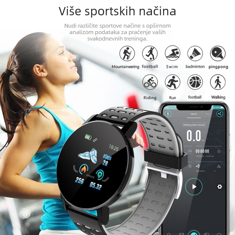 Pametna narukvica s mjerenjem otkucaja srca, krvnog tlaka, praćenjem sna, zasićenja krvi kisikom i brojanja koraka — silikonska traka, okrugli brojčanik