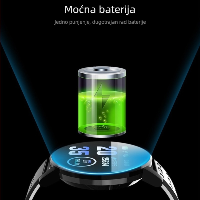 Pametna narukvica s mjerenjem otkucaja srca, krvnog tlaka, praćenjem sna, zasićenja krvi kisikom i brojanja koraka — silikonska traka, okrugli brojčanik