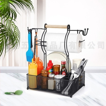 Kuhinjski stalak za začine s držačem papirnatih ubrusa i skladištem za štapiće, sklopivi, rotirajući, bez rupa, žičana žica