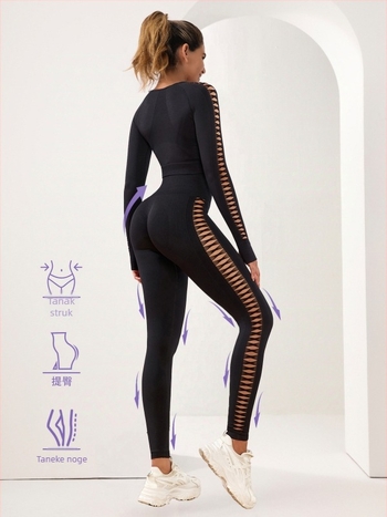 Ženski dvodijelni bezšavni joga set – top s dugim rukavom i leggings, materijal Nylon/Spandex 92%/8%