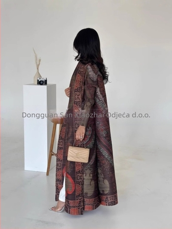 Three Small Houses Ženski plisirani dugi kaput-haljina s otiskom, nacionalni stil, poliester 95%+, presovana izrada, proljeće 2025