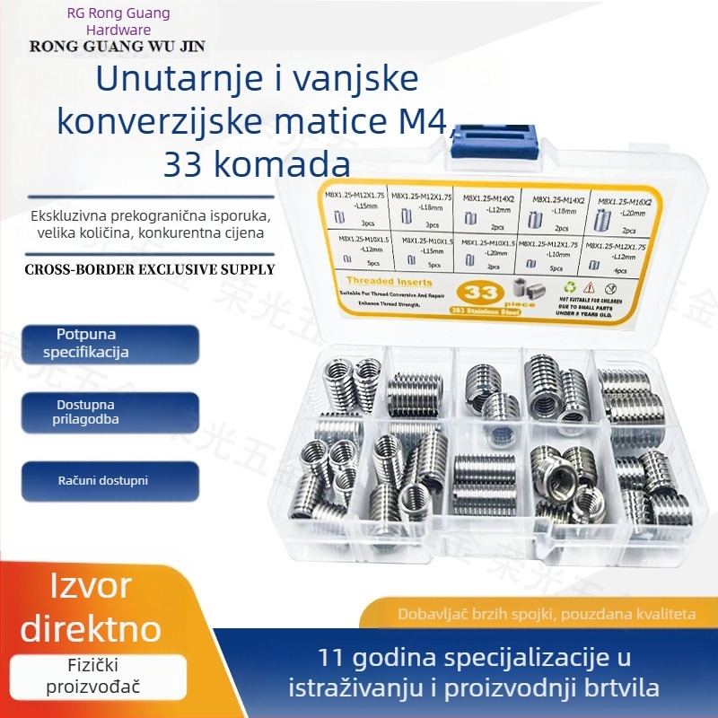 Set konverzijskih matica za unutarnje/vanjske navoje, 33 komada, GB6178, nehrđajući čelik 303/304, klasa A, čvrstoća A4-80.