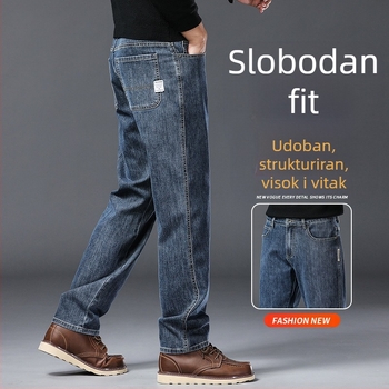 Muške traperice — ravni kroj, srednji struk, pamuk-poliester smjesa (66,2% pamuk, 32,3% poliester, 1,5% elastan); zatvarač, više džepova, dugačke hlače