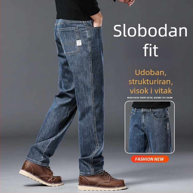 Muške traperice — ravni kroj, srednji struk, pamuk-poliester smjesa (66,2% pamuk, 32,3% poliester, 1,5% elastan); zatvarač, više džepova, dugačke hlače