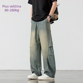 Muške vintage traperice ravnog kroja, visokim strukom, zatvaranje šnira, tanki elastični materijal, korejski stil