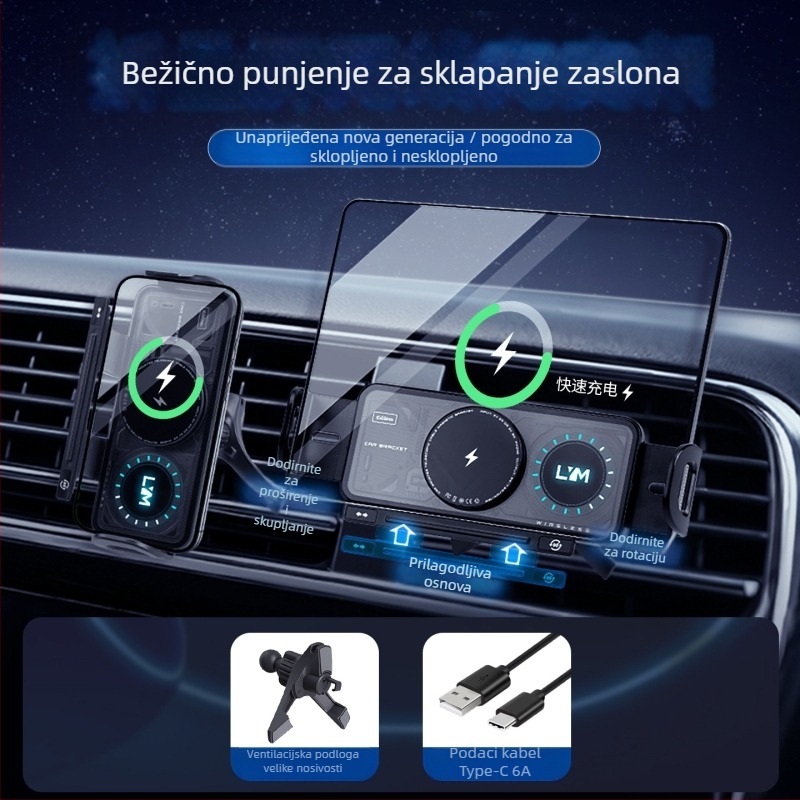 Sklopivi držač za telefon u automobilu s bežičnim brzom punjenjem - 7,5 W, montaža na otvor zraka (snap-on), model X07, univerzalna kompatibilnost