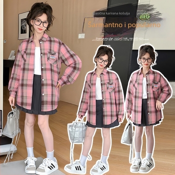 Dječja košulja s karirama, dugi rukav, korejski stil, ovratnik preklopljen dolje, proljeće‑jesen