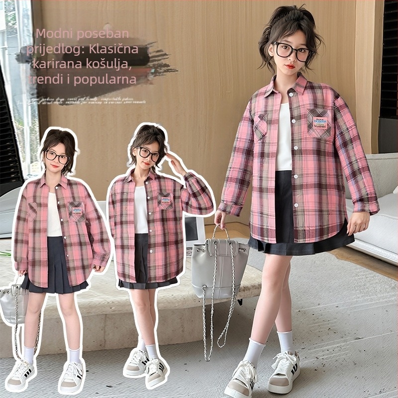 Dječja košulja s karirama, dugi rukav, korejski stil, ovratnik preklopljen dolje, proljeće‑jesen
