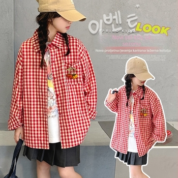 Dječja košulja-jakna s kariranim uzorkom, korejski stil, polo ovratnik, pamuk s mekanom obradom, zimsko-proljetno razdoblje, za djecu preko 8 godina