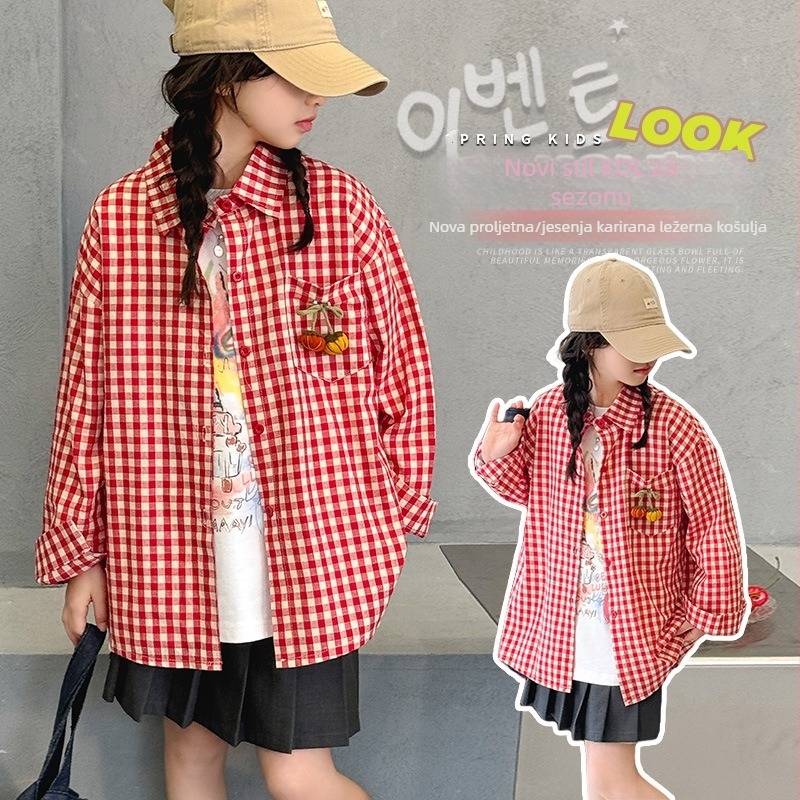 Dječja košulja-jakna s kariranim uzorkom, korejski stil, polo ovratnik, pamuk s mekanom obradom, zimsko-proljetno razdoblje, za djecu preko 8 godina