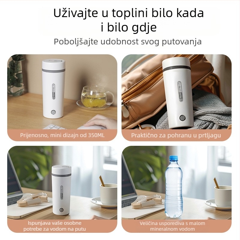 Električna šalica za grijanje vode u automobilu, napajanje 12V/24V, kapacitet 0,35 L, duljina kabela 70 cm, 80W/140W, automatsko isključivanje i zaštita od pregrijavanja