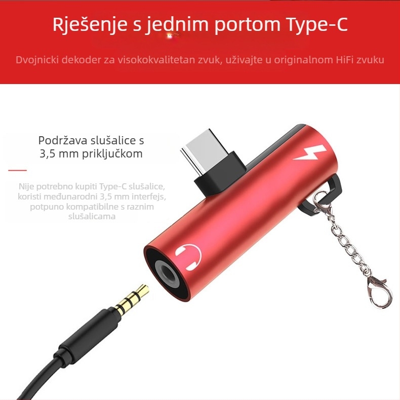 Type-C adapter za slušalice s 3,5 mm izlazom i USB-C punjenjem za telefone s jednim Type-C portom
