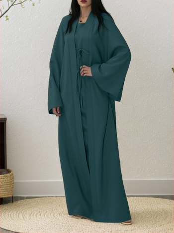 Muslimanska Abaya set sa širokim rukavima, vezani pojas, dugačak kroj, dvodijelni set