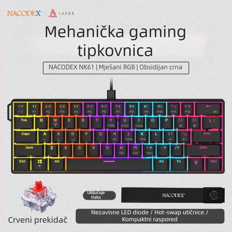 Gaming tipkovnica, 60% raspored, do 87 tipki, žično povezanje, mehanički prekidači