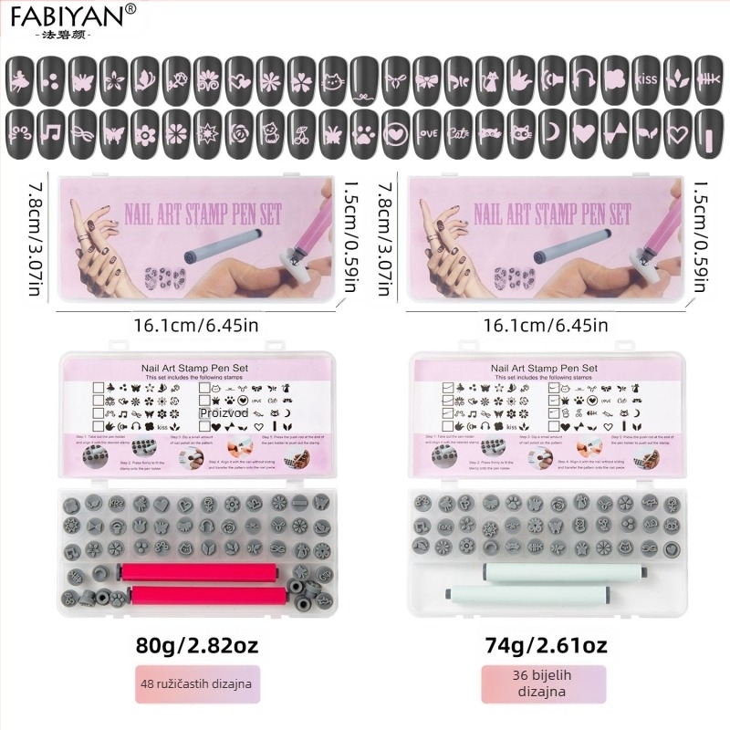 Set za otiskivanje noktiju s 48 zamjenjivih silikonskih glava s motivima leptira i cvijeća; Materijal: plastika; Neto težina 75–80 g