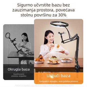 Držač mobitela s LED rasvjetom za nadzorno snimanje na stolu — livestream, snimanje hrane i nakita; univerzalan za mobitele; model F1a; aluminijska legura