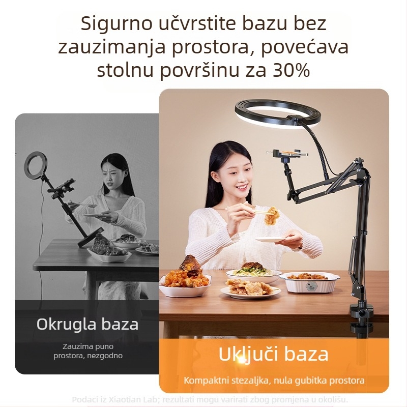 Držač mobitela s LED rasvjetom za nadzorno snimanje na stolu — livestream, snimanje hrane i nakita; univerzalan za mobitele; model F1a; aluminijska legura