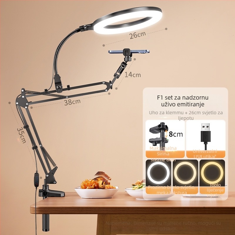 Držač mobitela s LED rasvjetom za nadzorno snimanje na stolu — livestream, snimanje hrane i nakita; univerzalan za mobitele; model F1a; aluminijska legura