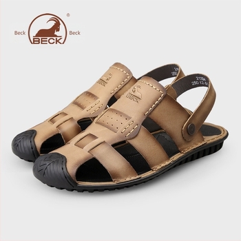 Muške sandale — gornji dio od top-grain kože, zaobljeni vrh, bez vezica, prozračne, anti-slip gumeni potplat