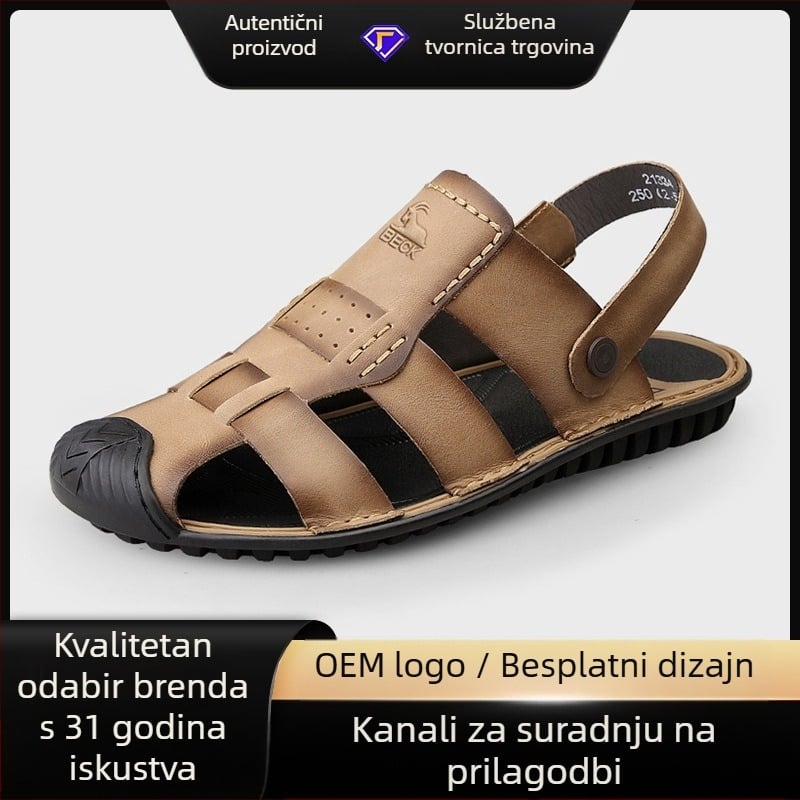 Muške sandale — gornji dio od top-grain kože, zaobljeni vrh, bez vezica, prozračne, anti-slip gumeni potplat