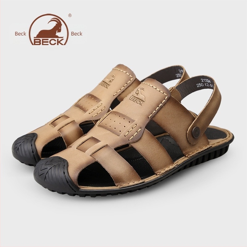 Muške sandale — gornji dio od top-grain kože, zaobljeni vrh, bez vezica, prozračne, anti-slip gumeni potplat