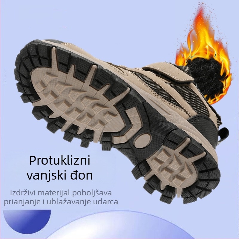 Dječje outdoor cipele od umjetne kože, uzorak pruge, potplat TPR, debeli fleece, Velcro zatvarač
