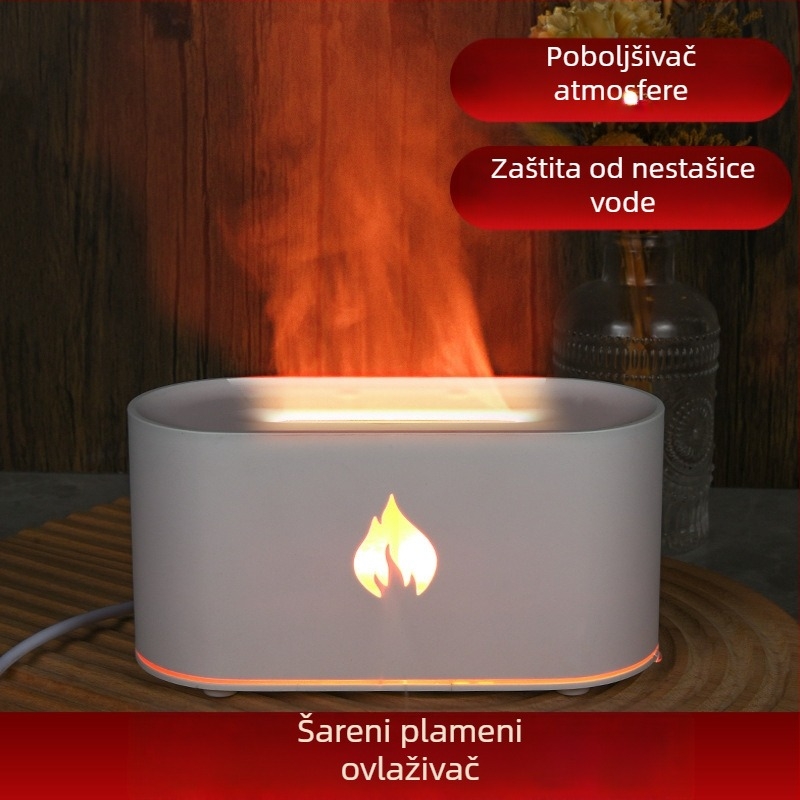 Difuzor za aromaterapiju i ovlaživač, plamen u sedam boja, USB stolni, ultrazvučni, spremnik 1.0–2.5 L, pokrivenost 21–30 m²