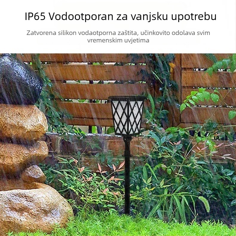 Solarna LED svjetiljka za vrt u obliku plamena – Model N260, IP55, Solarni panel DC5V 1W, Trajanje osvjetljenja 6-12 sati, Prekidač: Ručni + upravljanje svjetlom