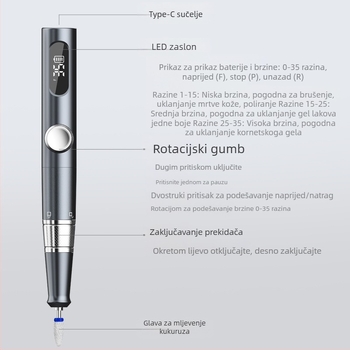 Polirni uređaj za nokte TMS-025 | Plastika, 136 g, Uključuje glavnu jedinicu, brusnu glavu, kabel za punjenje, priručnik