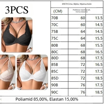 Push-Up grudnjak s punim košaricama, čvrste dvostruke naramenice, stražnji dvostruki red kuka i očiju (Glavni materijal: najlon 80–90%; Podstava: spandeks; Vrsta košarice: puni; Oblik košarice: tanak)