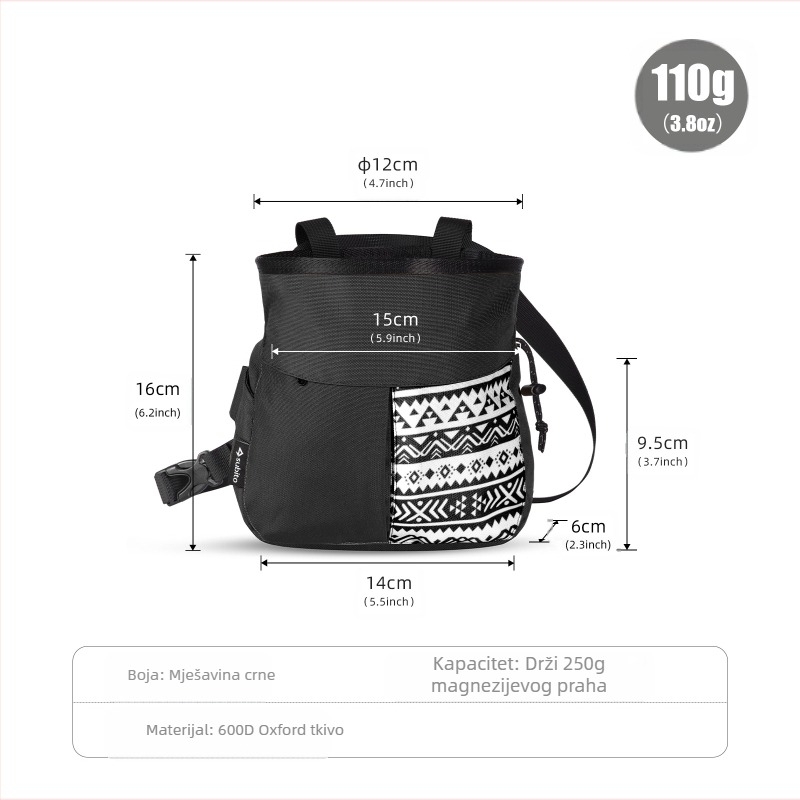 Torba za kredu za penjanje, širok otvor 18 cm, pristup jednom rukom, dvostruki pretinci za četkice, kapacitet 1,5x