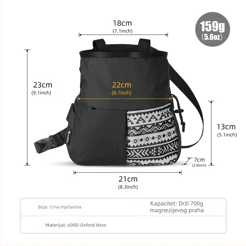 Torba za kredu za penjanje, širok otvor 18 cm, pristup jednom rukom, dvostruki pretinci za četkice, kapacitet 1,5x