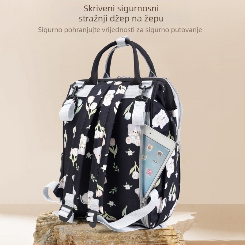 Torba za mamu i bebu, velika kapaciteta, cvjetni uzorak, Oxford platna, izolirano skladištenje mlijeka, kompatibilna s dječjim kolicima