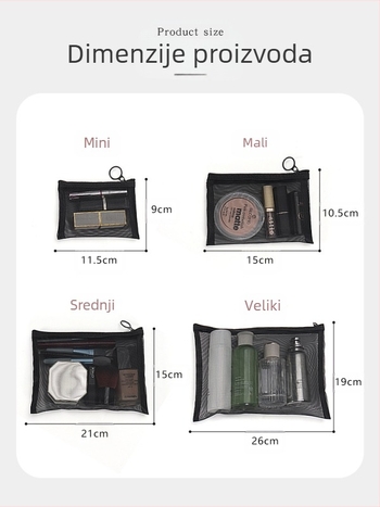 Make-up torbica velike kapacitete, mrežasta konstrukcija, prozračni dizajn, poliester podstava, spremište za ruževe