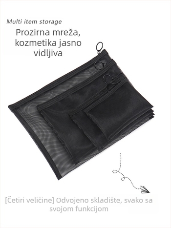 Make-up torbica velike kapacitete, mrežasta konstrukcija, prozračni dizajn, poliester podstava, spremište za ruževe
