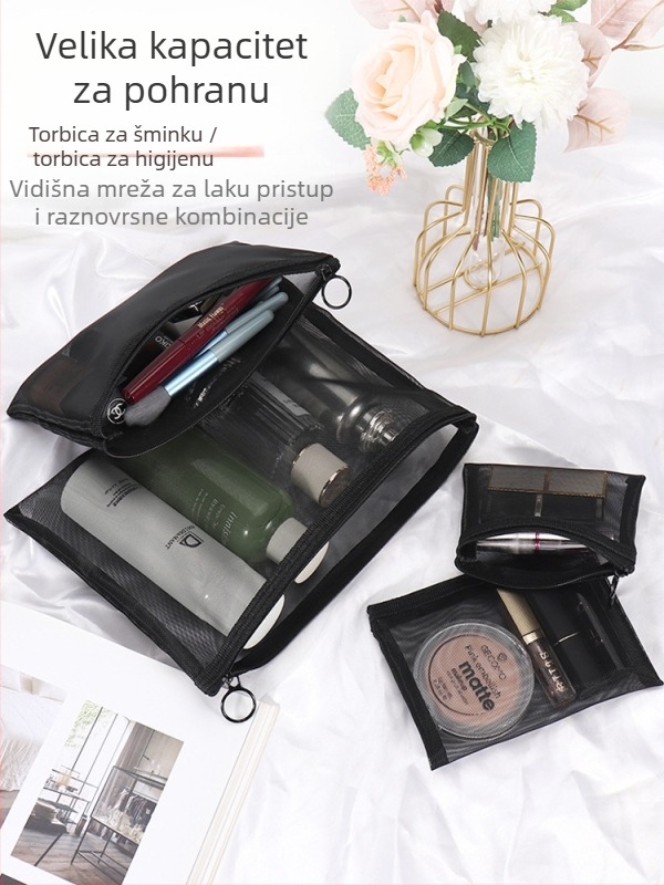 Make-up torbica velike kapacitete, mrežasta konstrukcija, prozračni dizajn, poliester podstava, spremište za ruževe