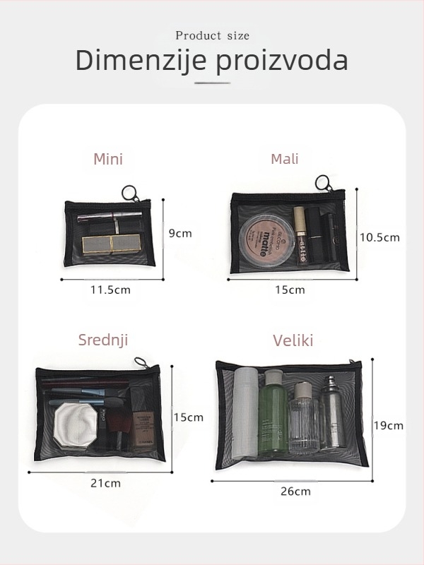Make-up torbica velike kapacitete, mrežasta konstrukcija, prozračni dizajn, poliester podstava, spremište za ruževe