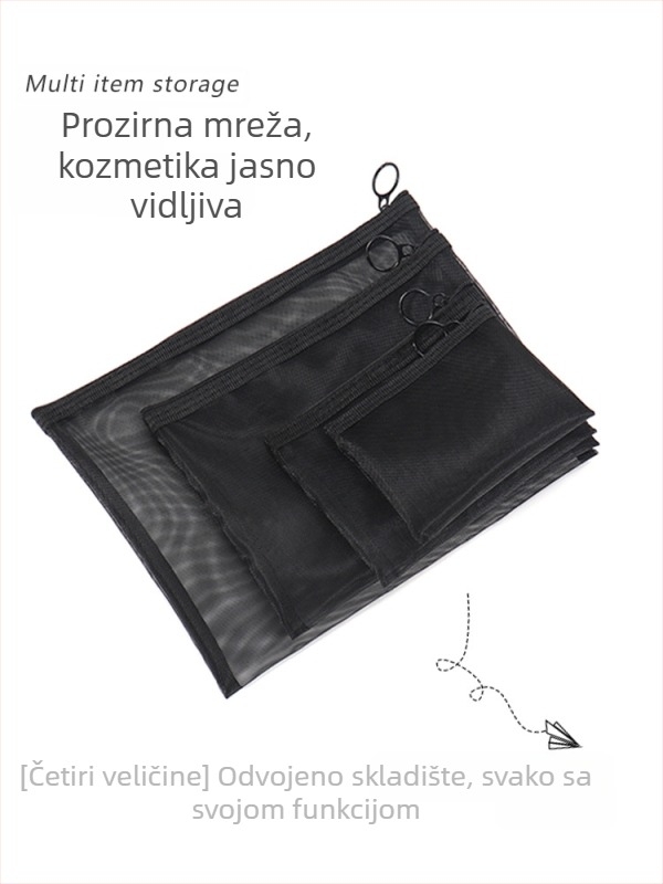 Make-up torbica velike kapacitete, mrežasta konstrukcija, prozračni dizajn, poliester podstava, spremište za ruževe