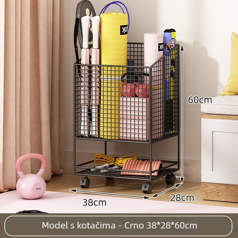 Koš za pohranu joga prostirke s kotačićima, metalna dvostruka konstrukcija, velika zapremina za fitness opremu