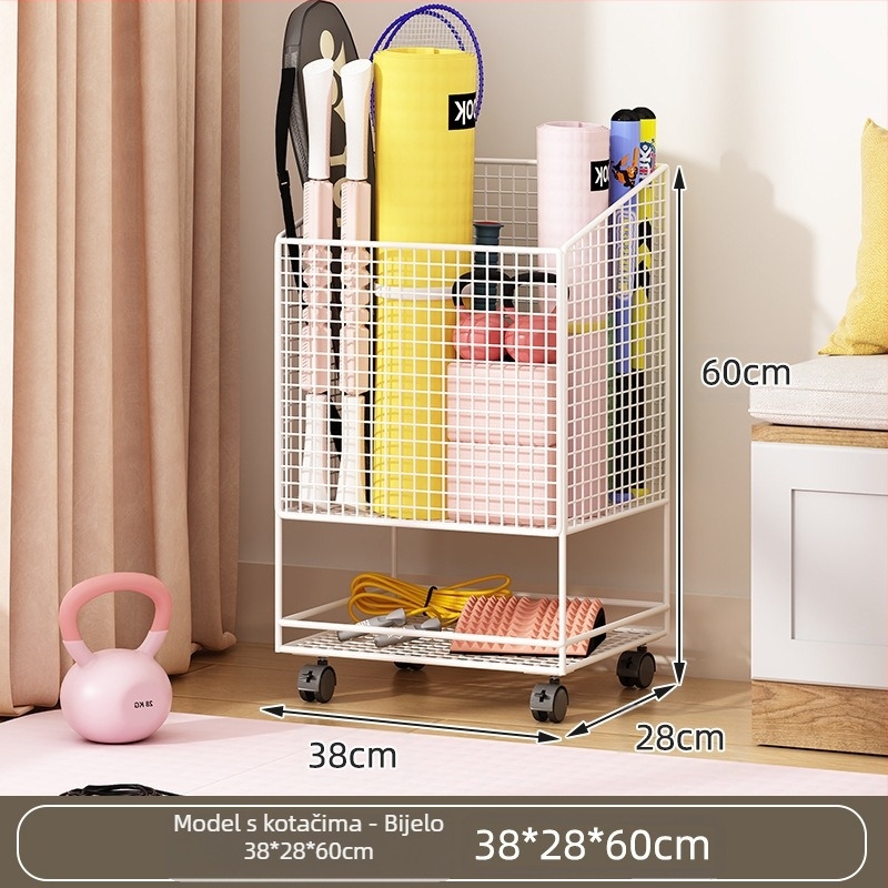 Koš za pohranu joga prostirke s kotačićima, metalna dvostruka konstrukcija, velika zapremina za fitness opremu