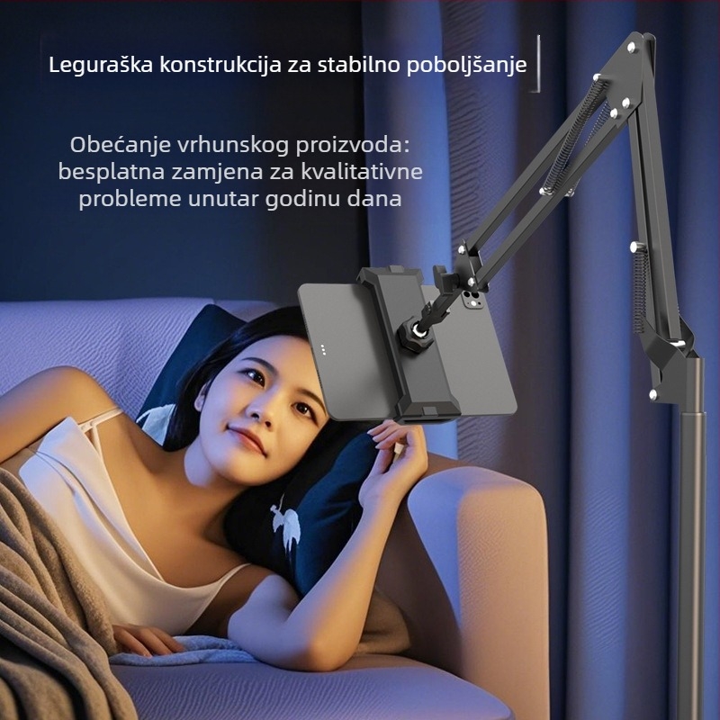 Podna držač za mobitele i tablete s teleskopskim krakom, aluminijska konstrukcija, za streaming uz krevet
