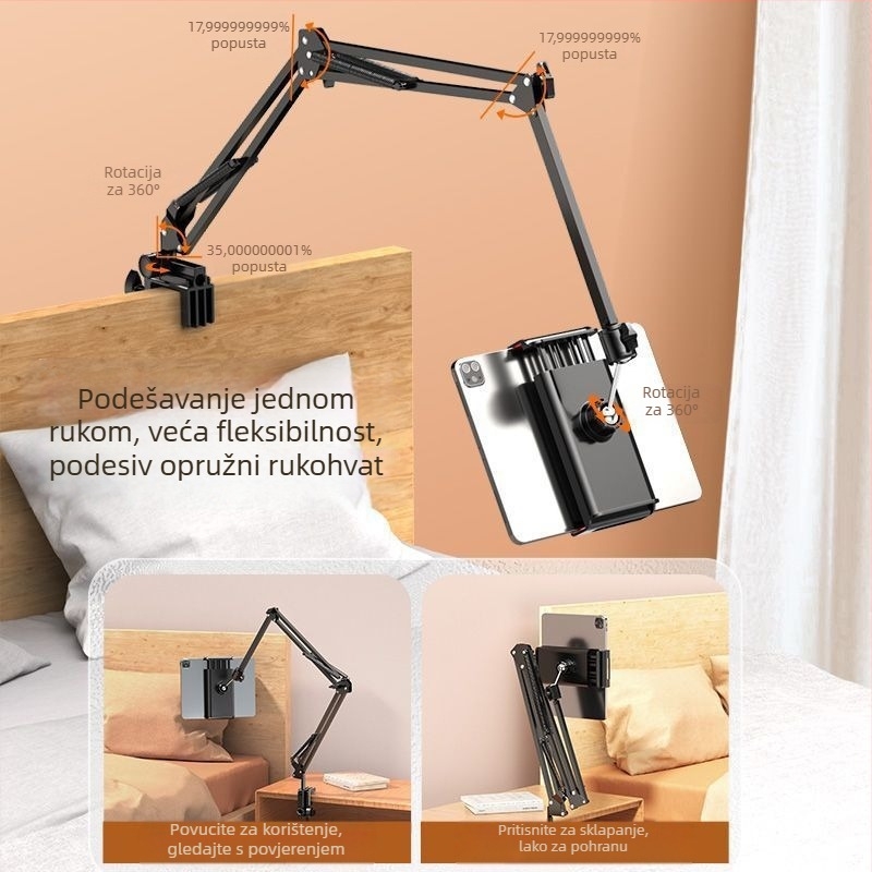 Podna držač za mobitele i tablete s teleskopskim krakom, aluminijska konstrukcija, za streaming uz krevet