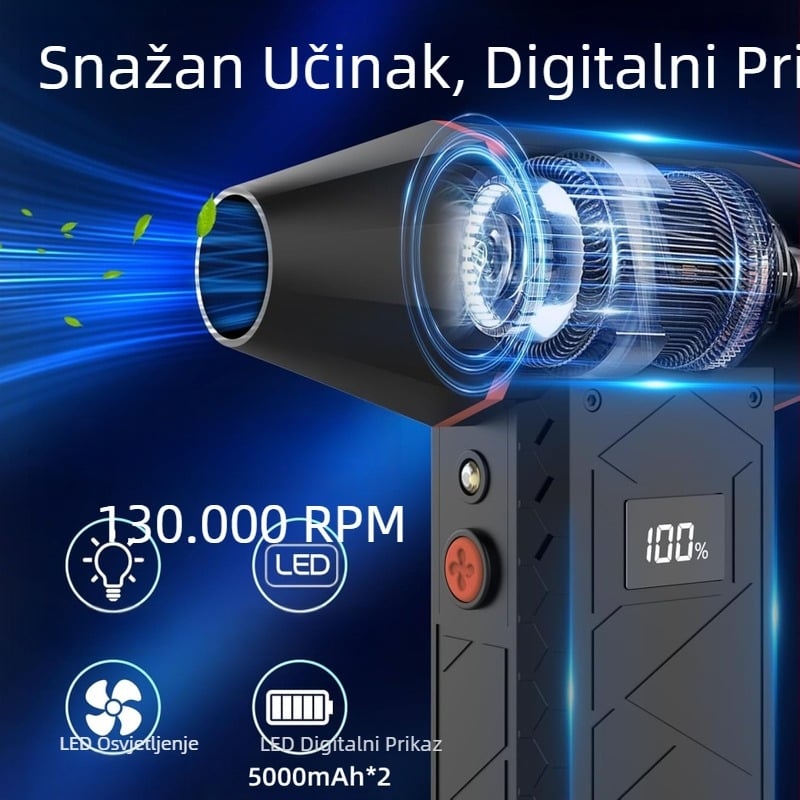 Ručni električni turbo ventilator s bezčetkasti motorom, 6 lopatica, Li-Po baterija 6000mAh, 4 brzine, uklanjanje prašine