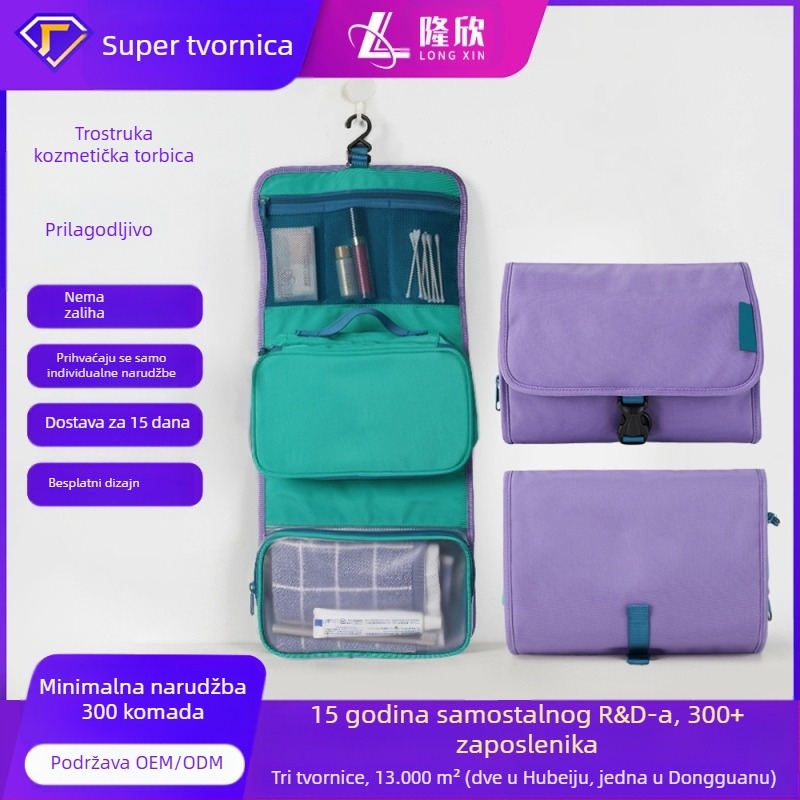 Prijenosna torba za kozmetiku i higijenske potrepštine s mokro-suhim odjeljkom i kukom za vješanje, za putovanja, velika kapaciteta – Poliester, Višenamjenska, Za putovanja
