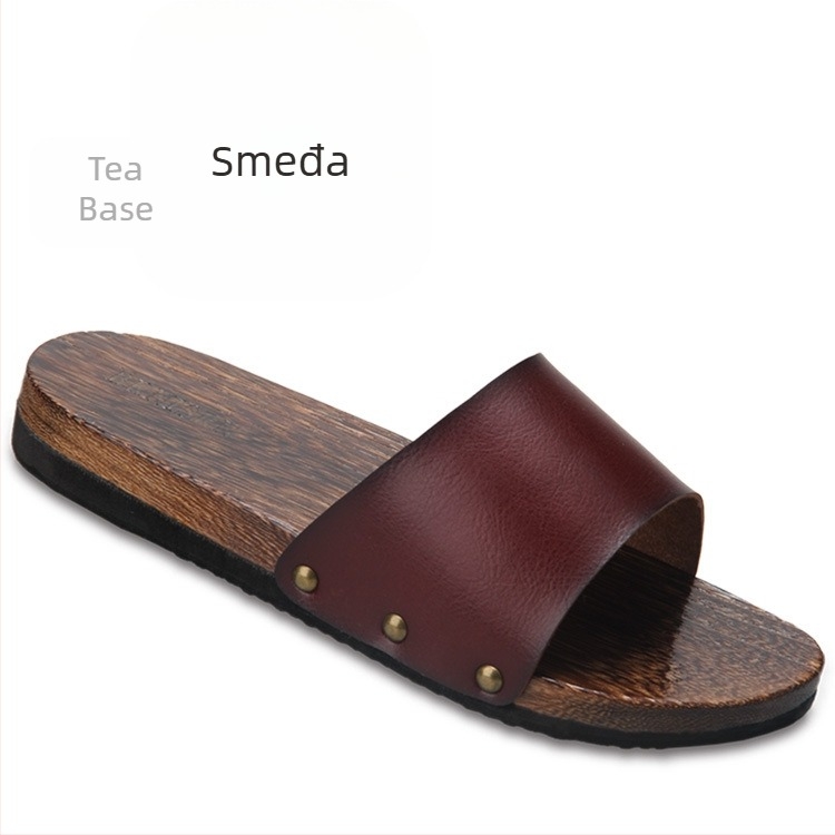 Muške slide sandale s gornjim dijelom od mikrovlaknaste kože, drvena potplata, otvorena peta