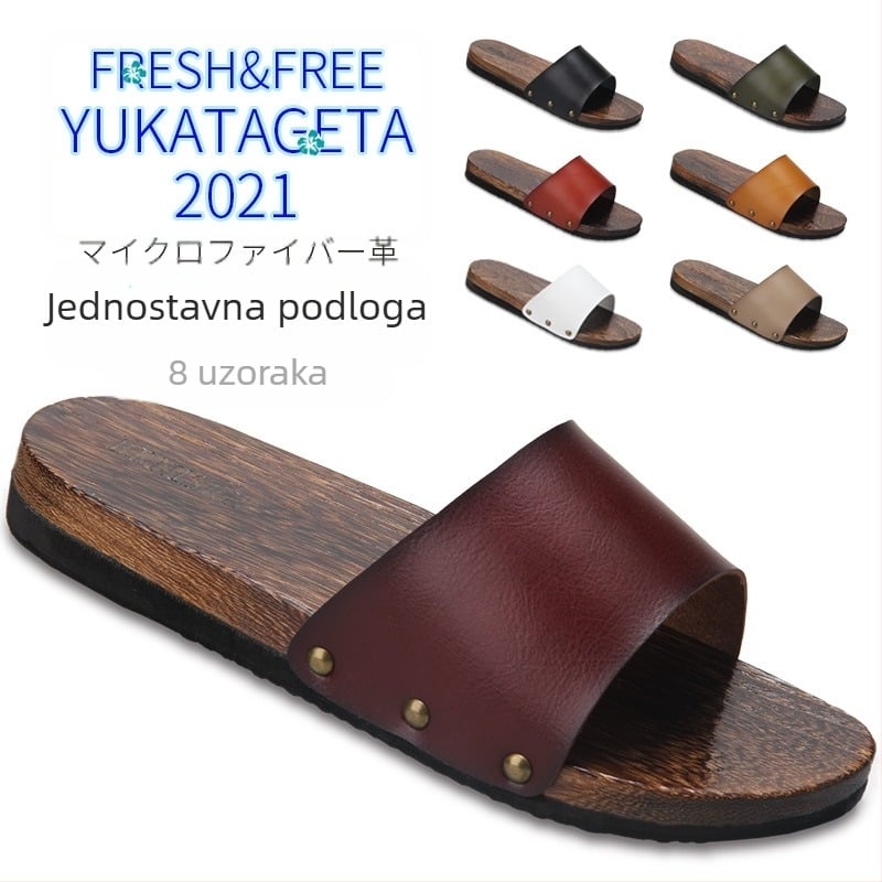 Muške slide sandale s gornjim dijelom od mikrovlaknaste kože, drvena potplata, otvorena peta